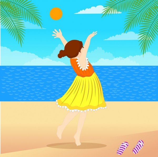 hidup lukisan gadis menyenangkan pantai ikon dekorasi warna-warni