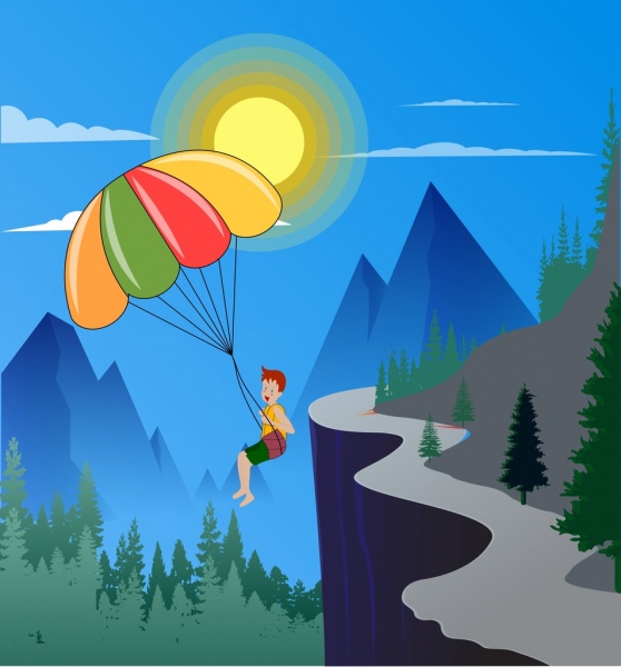 образ жизни фон мальчик парашют горы иконы мультфильм дизайн
