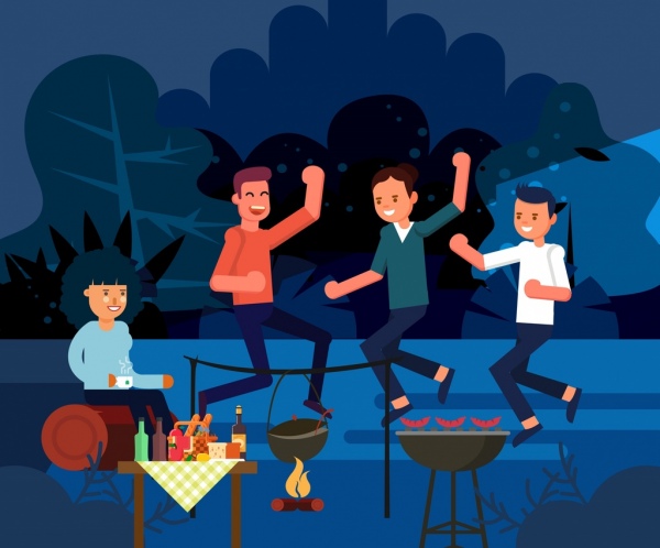 Fondo de estilo de vida que anima los iconos de camping al aire libre amigos