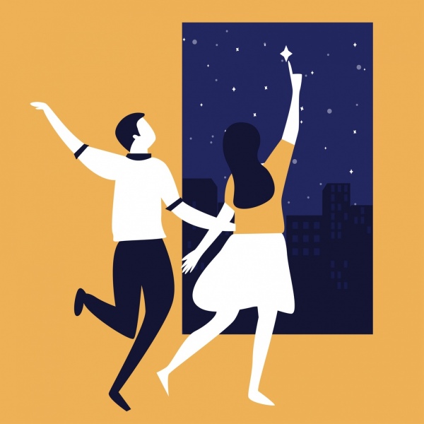 生活背景のカップルのダンスの夜の空漫画スケッチ