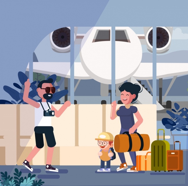 ícones de bagagem do estilo de vida fundo família viagem avião