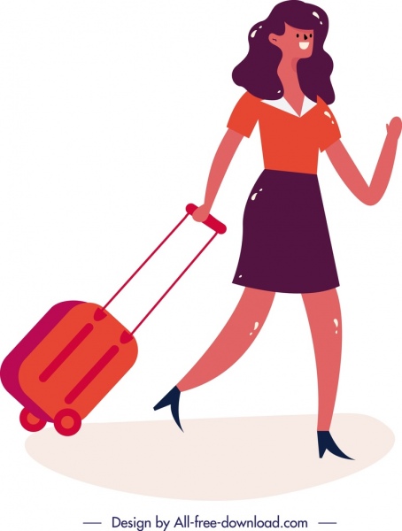 ícones de bagagem do estilo de vida fundo garota colorida personagem de desenho animado