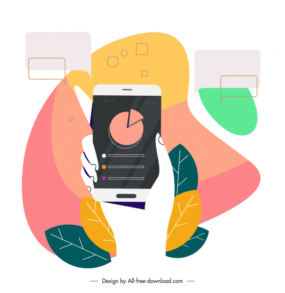 다채로운 플랫 디자인을 스케치 하는 라이프 스타일 배경 손 스마트폰