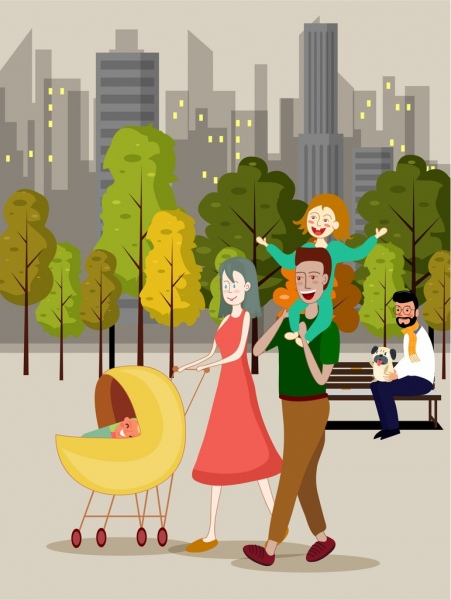 Icone di stile di vita sfondo felice famiglia parco personaggi dei cartoni animati