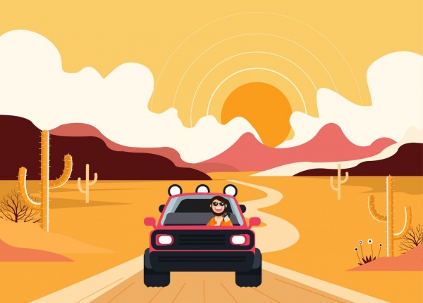 Fondo de estilo de vida del hombre conduce los iconos desierto de coche