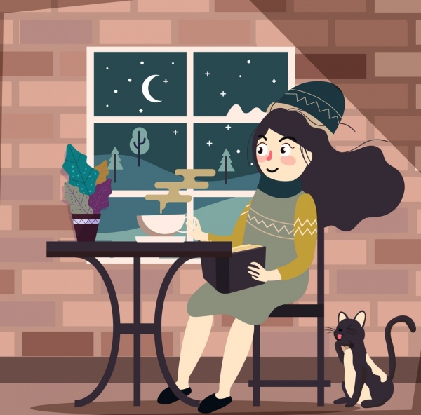 sfondo stile di vita rilassato della donna al chiuso personaggio dei cartoni animati di icone