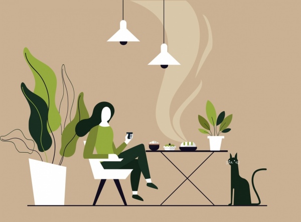 boceto de estilo de vida fondo mujer relajada comida iconos dibujos animados