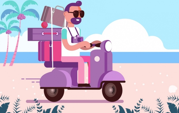 Lebensstil Hintergrund Reisen Thema Mann Scooter Gepäck Symbole