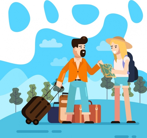 lifestyle background travel theme ícones de bagagem jovem casal