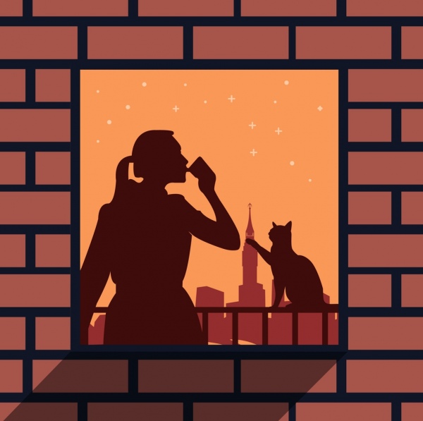 ícones de janela do estilo de vida fundo mulher gato silhueta decoração
