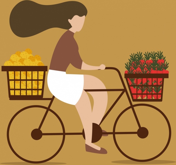 生活背景の女性乗馬自転車アイコン漫画スケッチ