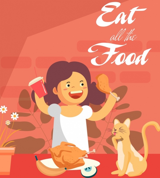 Lebensstil Banner Mädchen Katze Essen Ikonen Karikatur Design