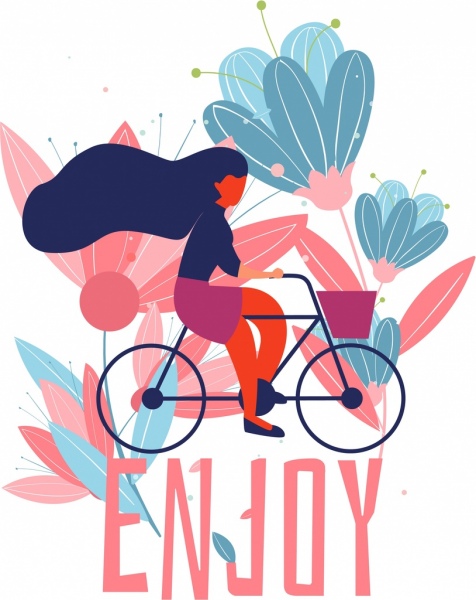 Yaşam tarzı afiş kız bisiklet sürme simge klasik tasarım