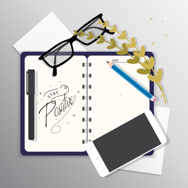 style de vie bannière carnet lunettes crayon smartphone icônes décor