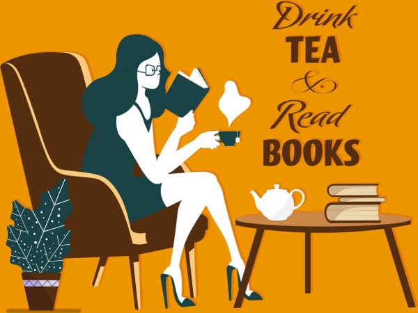 Bandeira de estilo de vida lendo mulher ícone de pausa para o chá