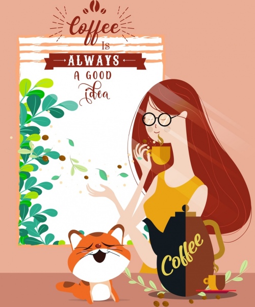 生活方式横幅女人猫咖啡图标卡通设计