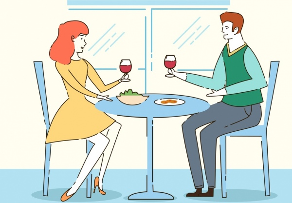 Estilo de vida dibujo animando pareja mesa de cena diseño dibujado a mano