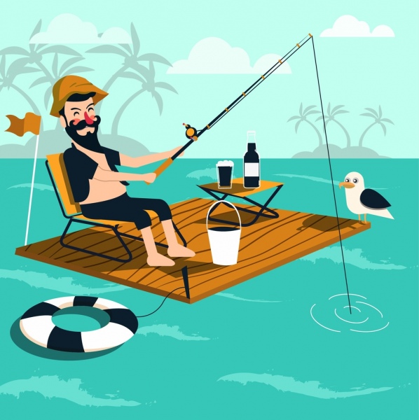 dessin d’icônes de mer pêche homme flottant en bois de style de vie