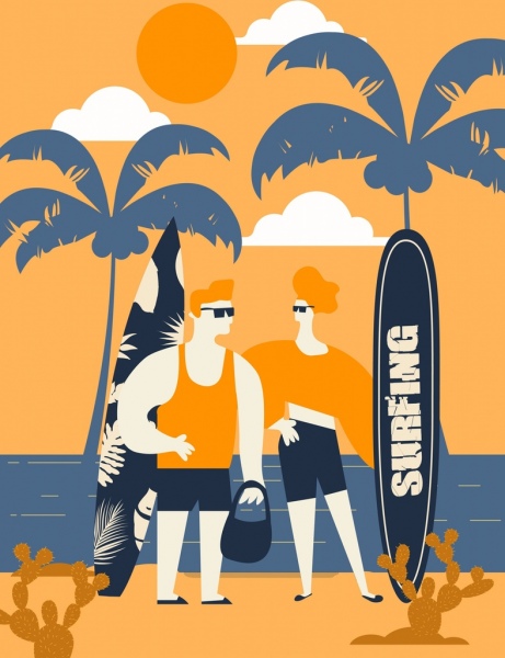 Lebensstil zeichnen Menschen Surfbrett Strandgestaltung Symbole orange