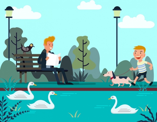 Los iconos relajante Parque personas estilo de vida con dibujo dibujos animados diseño