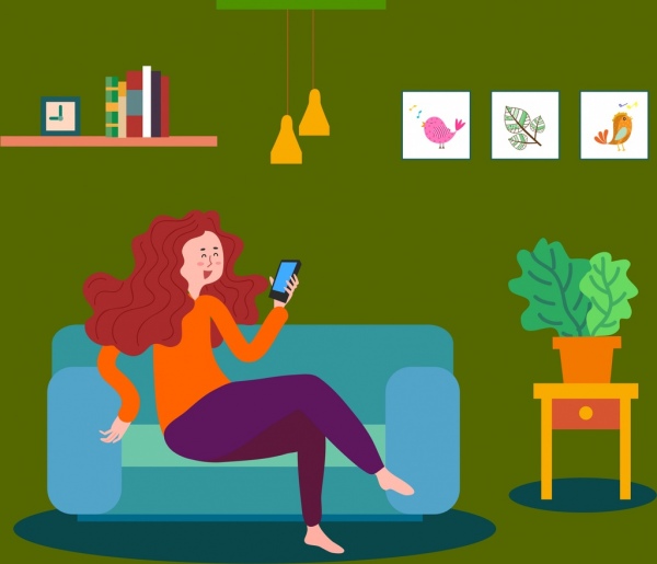 Gambar gaya hidup yang santai wanita smartphone ikon berwarna kartun