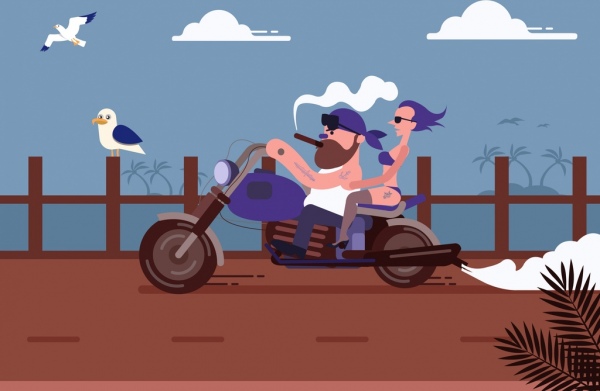 生活方式图画时尚人摩托车图标彩色卡通