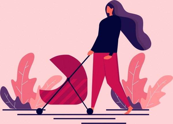 라이프 스타일 그리기 걷는 어머니 트롤리 핑크 아이콘 디자인