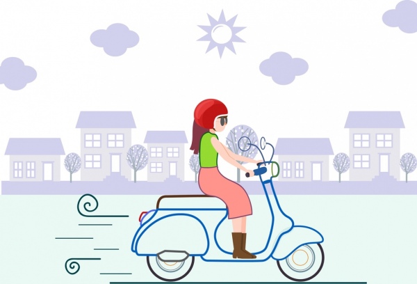 образ жизни, рисование эскиза мультфильм значок женщина езда мотоцикл