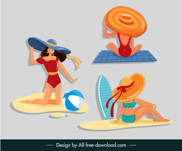iconos de estilo de vida bikini niñas sketch personajes de dibujos animados