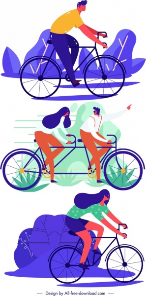 pessoas de ícones de estilo de vida montando o esboço dos desenhos animados de bicicleta
