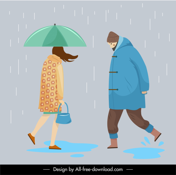 ícones de estilo de vida andando pessoas rainy esboço personagens de desenho animado