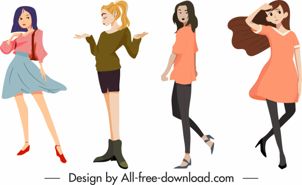 Lifestyle Icons Young Girls Sketch Cartoon Characters-vector People-free  Vector Free Download