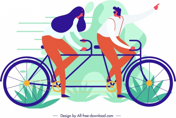 生活方式绘画夫妇自行车图标卡通素描