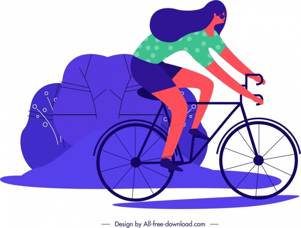 生活方式绘画女性自行车运动员图标卡通素描