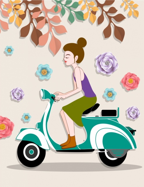 Boyama kız scooter simgeler kağıt yaşam tarzı dekor kesmek