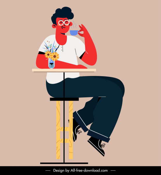 stile di vita pittura uomo bere caffè schizzo cartone animato design