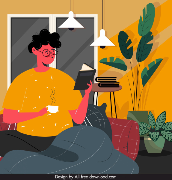 style de vie peinture lecture activité maison relaxation dessin animé design