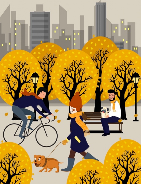 образ жизни, живопись расслабляющий люди желтые деревья мультфильм дизайн
