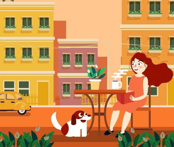 生活方式绘画放松妇女咖啡大厦门面图标