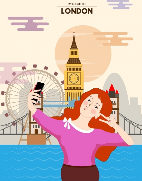 gaya hidup lukisan selfie wanita smartphone lanskap ikon