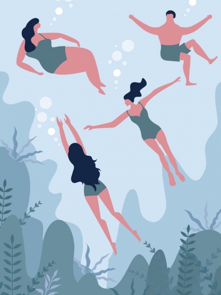 Lifestyle-Malerei schwimmen Menschen Meer Symbole Cartoon Skizze