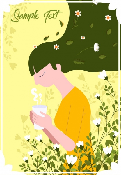 Lebensstil Malerei Frau trinkt Tee-Blumen-Symbole