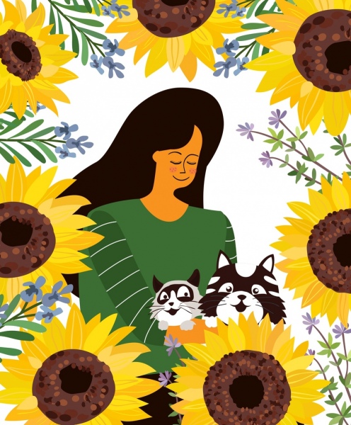 gaya hidup lukisan wanita hewan peliharaan sunflowers ikon kartun desain