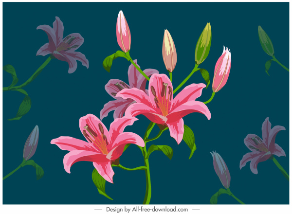 Lily sơn hoa đầy màu sắc cổ điển vẽ tay trang trí