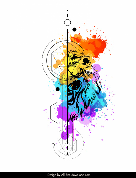 singa hewan template tato grunge berwarna cat air