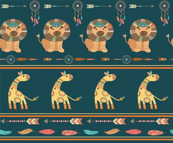 獅子長頸鹿圖案部落古典重複風格