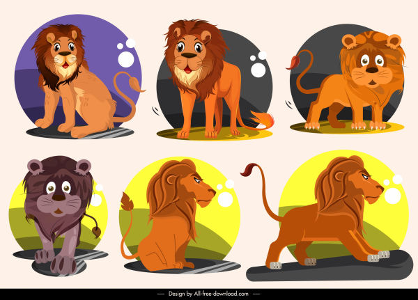 icônes de lion croquis mignon de caractère de dessin animé