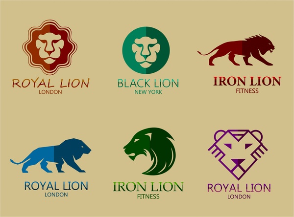 다양 한 색상 스타일에서 디자인을 설정 하는 라이온 로고