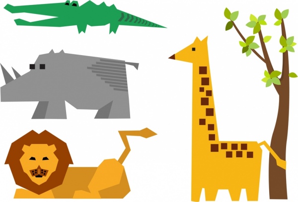狮子犀牛鳄鱼长颈鹿图标设计折纸风格