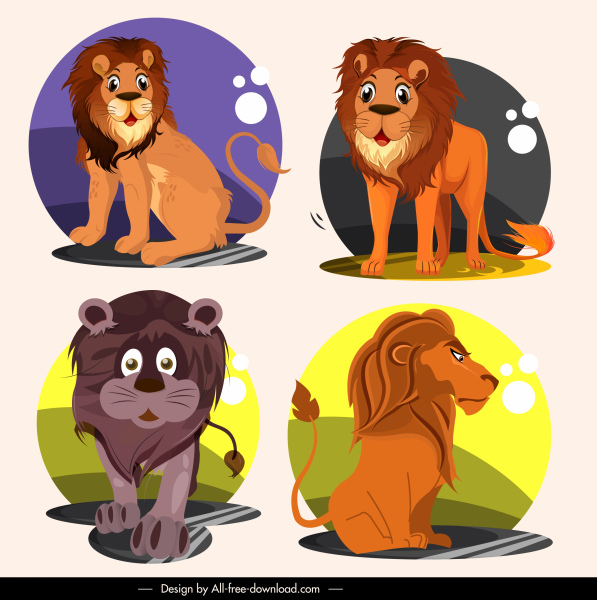 ícones espécies de leão engraçados personagens de desenho animado esboço